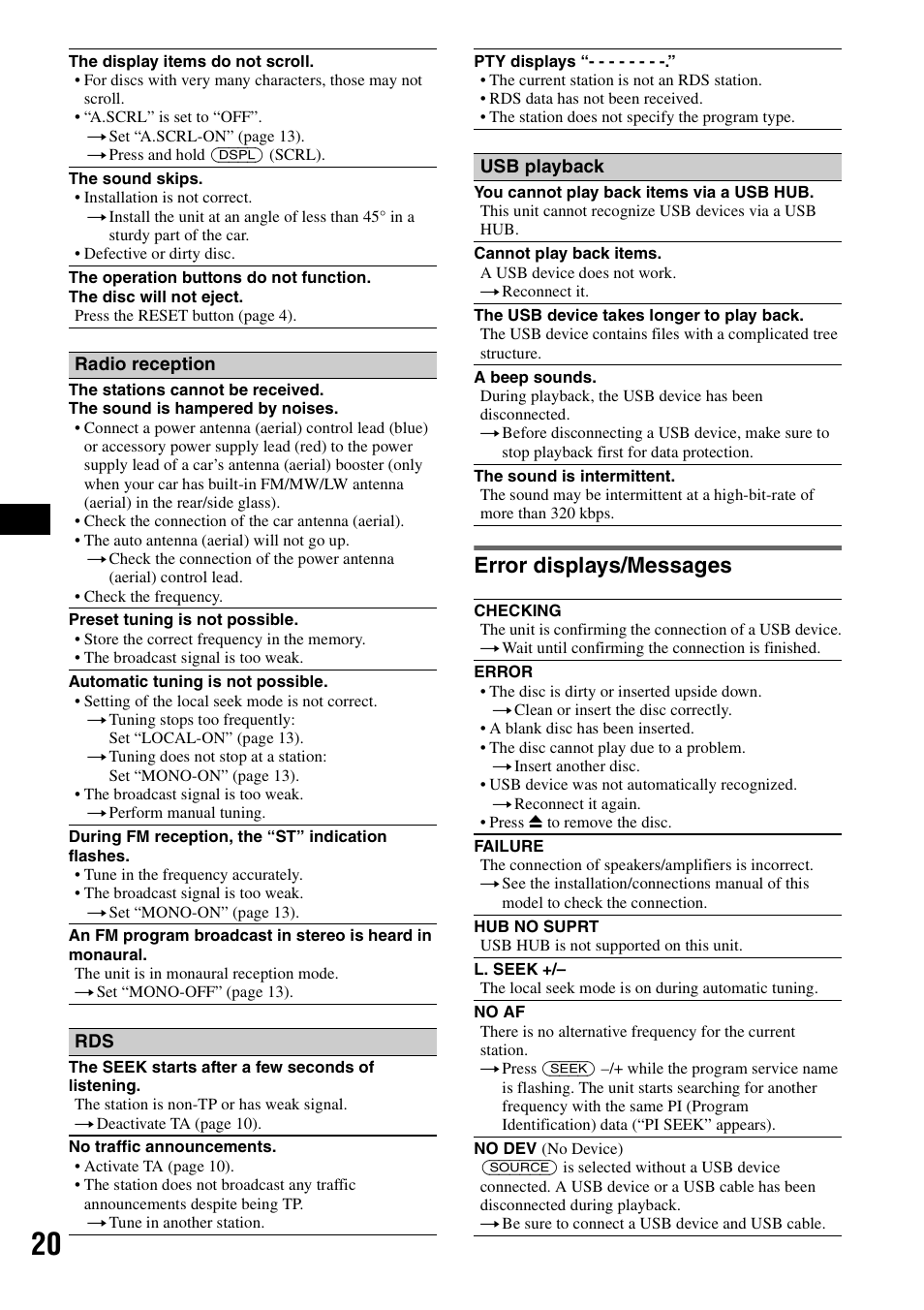 Error displays/messages | Sony CDX-GT424U User Manual | Page 20 / 112