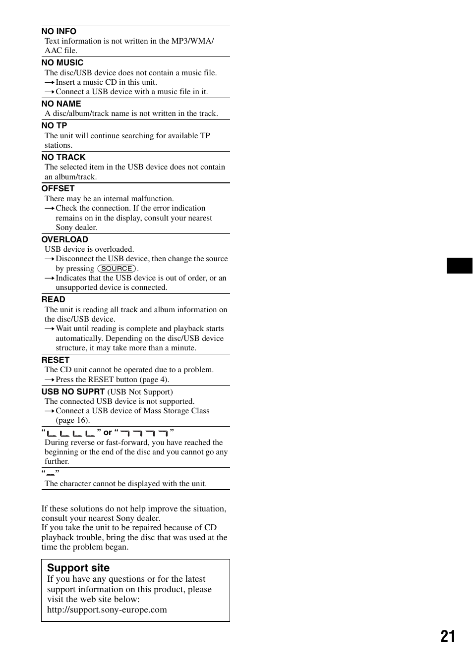 Support site | Sony CDX-GT424U User Manual | Page 21 / 112