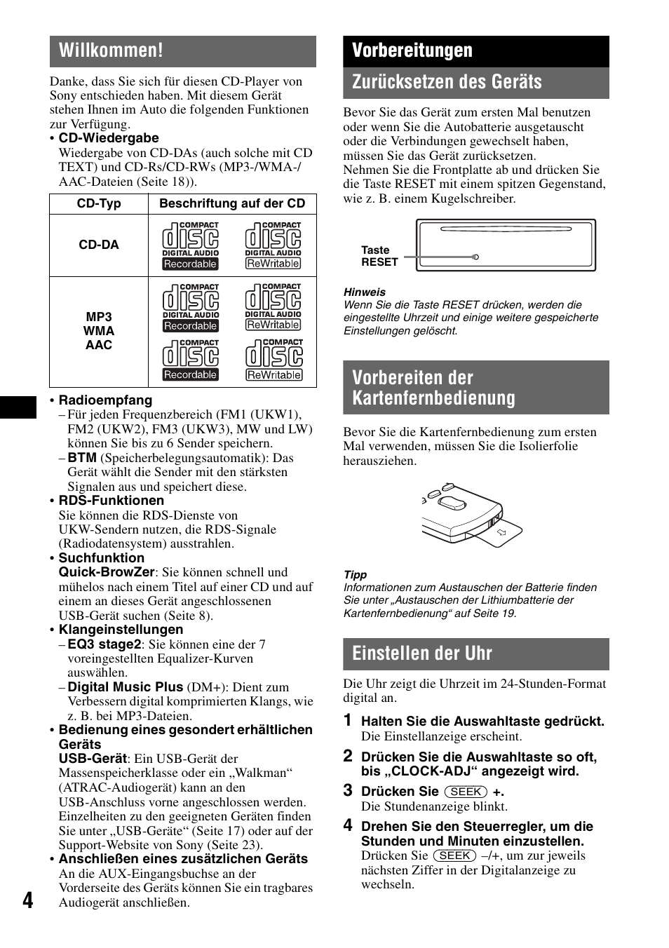 Willkommen, Vorbereitungen, Zurücksetzen des geräts | Vorbereiten der kartenfernbedienung, Einstellen der uhr, Vorbereitungen zurücksetzen des geräts | Sony CDX-GT424U User Manual | Page 24 / 112