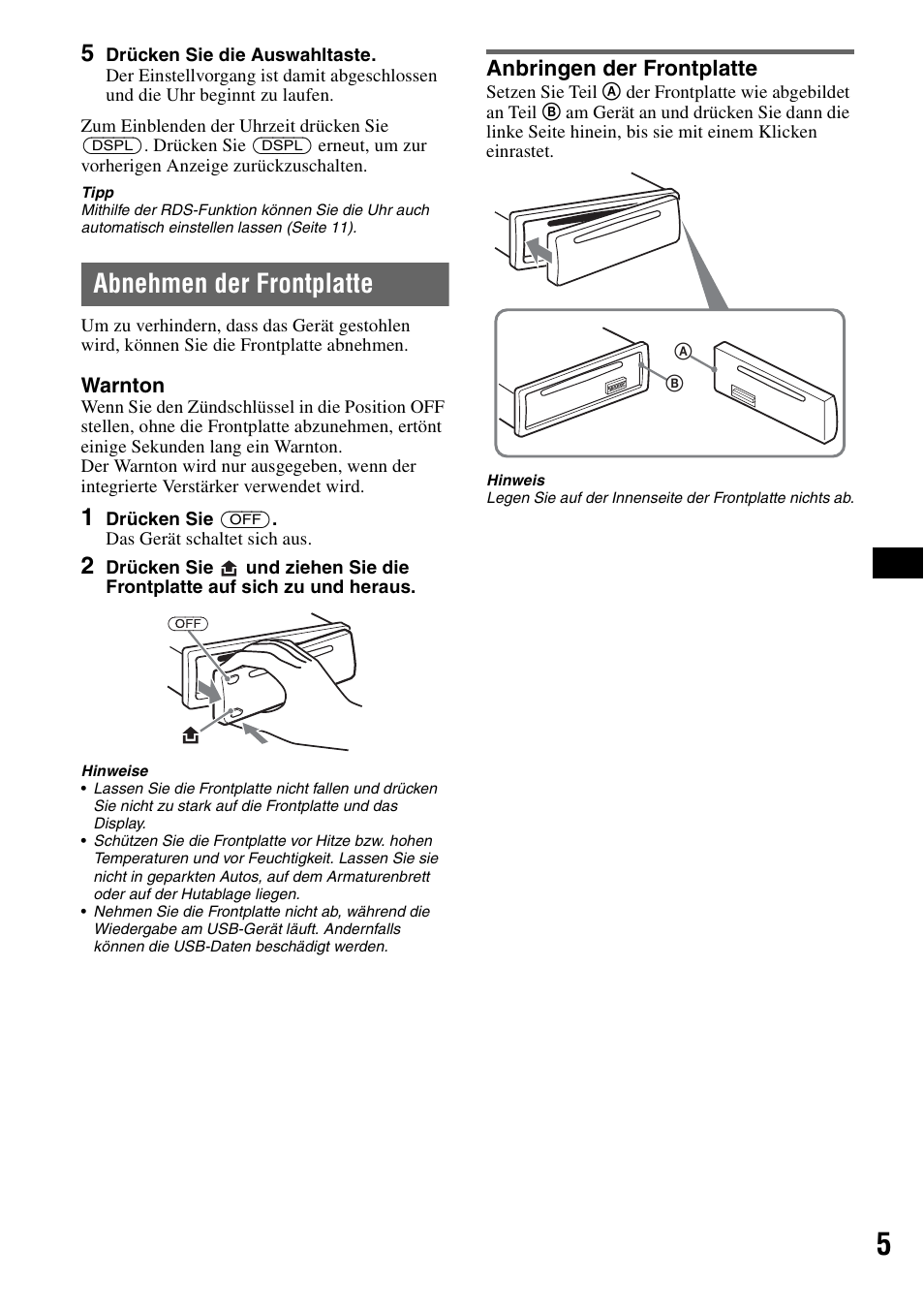 Abnehmen der frontplatte, Anbringen der frontplatte | Sony CDX-GT424U User Manual | Page 25 / 112