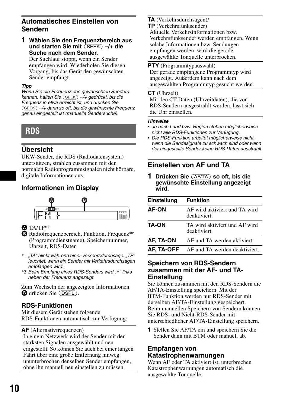 Automatisches einstellen von sendern, Übersicht, Einstellen von af und ta | Übersicht einstellen von af und ta, Seite 10 | Sony CDX-GT424U User Manual | Page 30 / 112