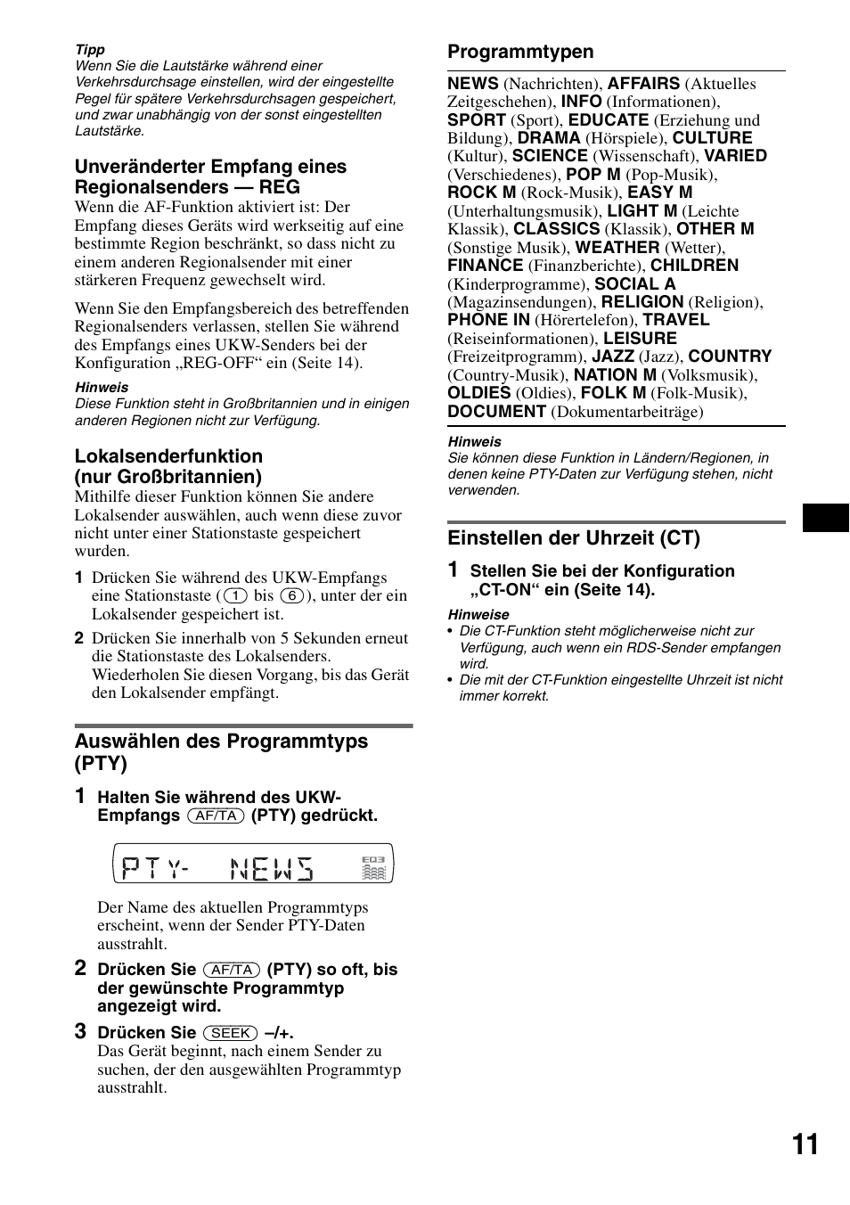 Auswählen des programmtyps (pty), Einstellen der uhrzeit (ct) | Sony CDX-GT424U User Manual | Page 31 / 112