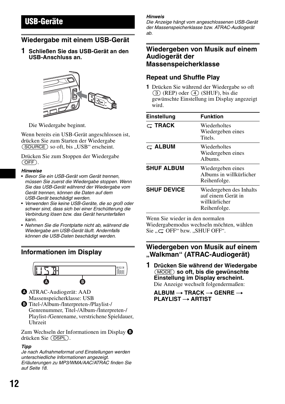 Usb-geräte, Wiedergabe mit einem usb-gerät, Informationen im display | R „usb-geräte“ auf seite 12, Seite 12 | Sony CDX-GT424U User Manual | Page 32 / 112