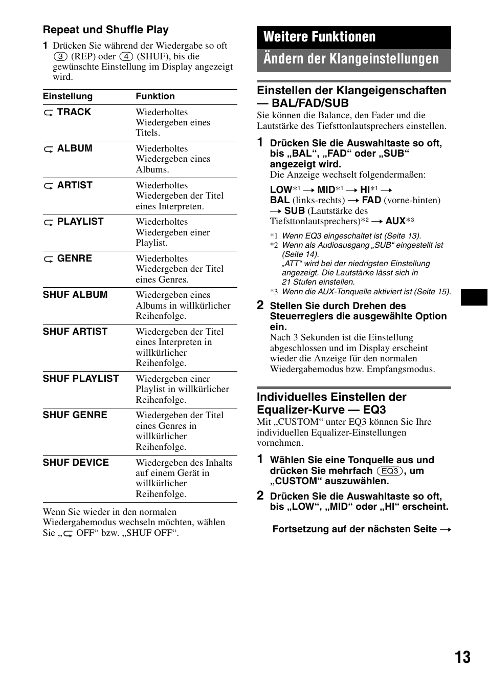 Weitere funktionen, Ändern der klangeinstellungen, Einstellen der klangeigenschaften - bal/fad/sub | Individuelles einstellen der equalizer-kurve - eq3, Seite 13, Weitere funktionen ändern der klangeinstellungen | Sony CDX-GT424U User Manual | Page 33 / 112