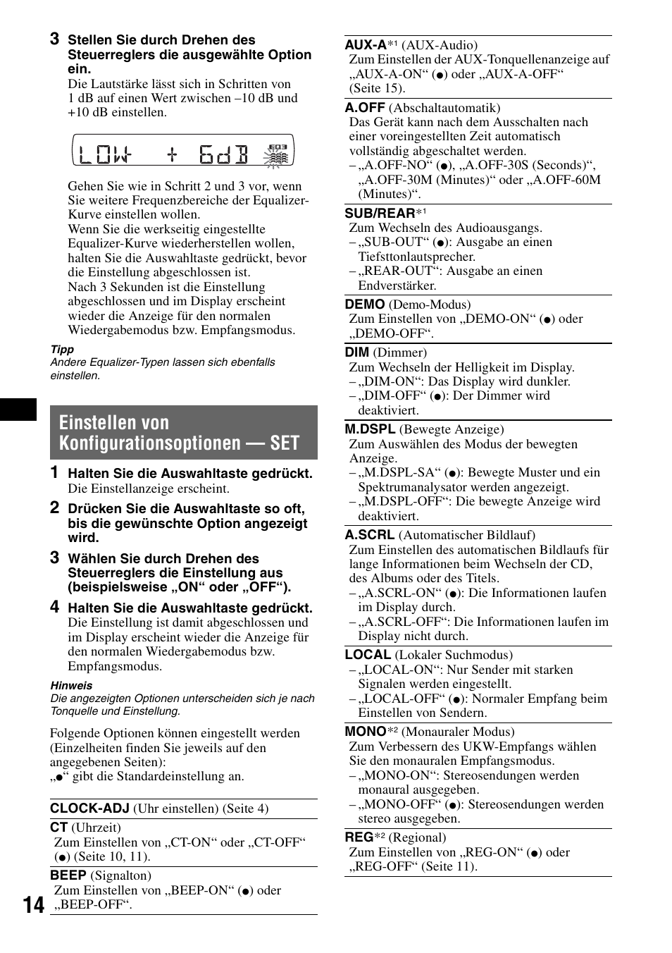 Einstellen von konfigurationsoptionen - set, F seite 14 na, Einstellen von konfigurationsoptionen — set | Sony CDX-GT424U User Manual | Page 34 / 112
