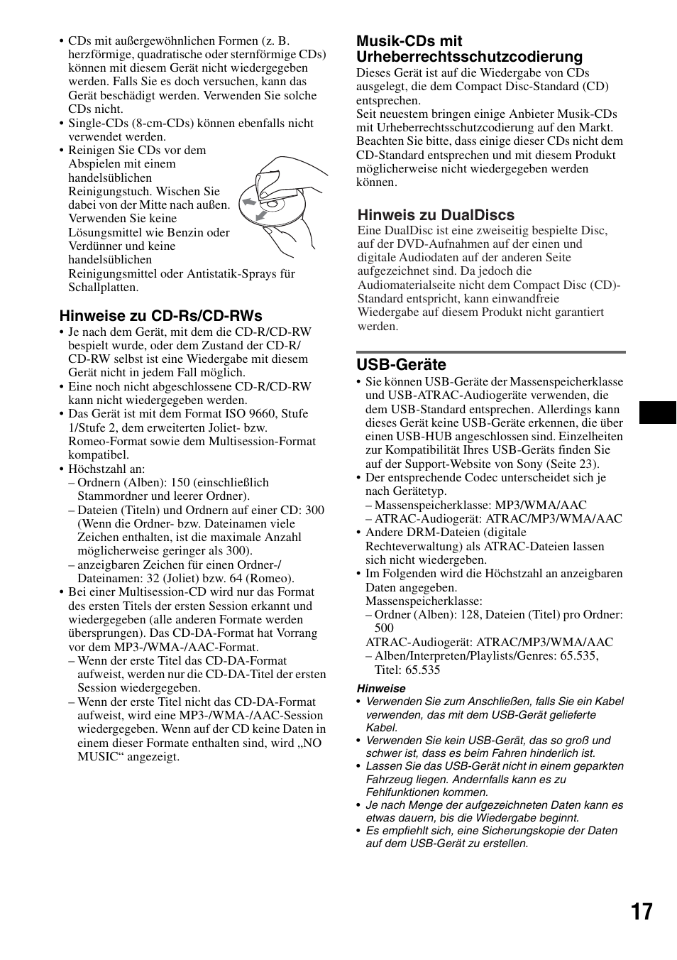 Usb-geräte, Seite 17) o, Hinweise zu cd-rs/cd-rws | Musik-cds mit urheberrechtsschutzcodierung, Hinweis zu dualdiscs | Sony CDX-GT424U User Manual | Page 37 / 112