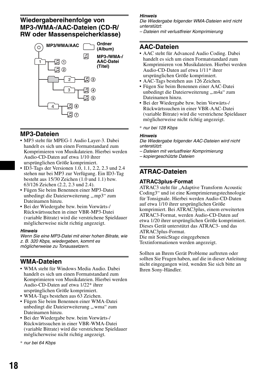 Mp3-dateien, Wma-dateien, Aac-dateien | Atrac-dateien, N (seite 18 | Sony CDX-GT424U User Manual | Page 38 / 112