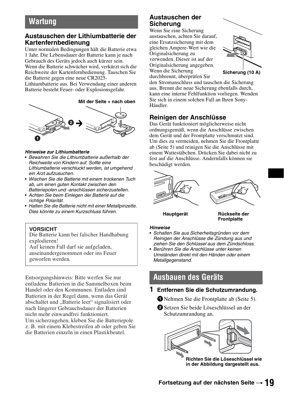 Wartung, Ausbauen des geräts, Wartung ausbauen des geräts | F seite 19 | Sony CDX-GT424U User Manual | Page 39 / 112