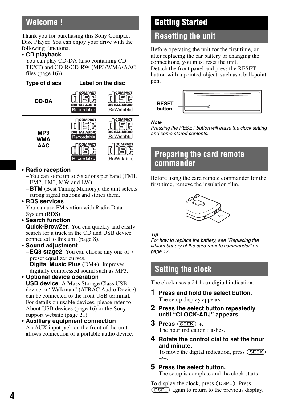 Welcome, Getting started, Resetting the unit | Preparing the card remote commander, Setting the clock, Getting started resetting the unit | Sony CDX-GT424U User Manual | Page 4 / 112