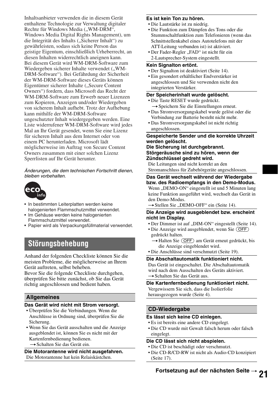Störungsbehebung | Sony CDX-GT424U User Manual | Page 41 / 112
