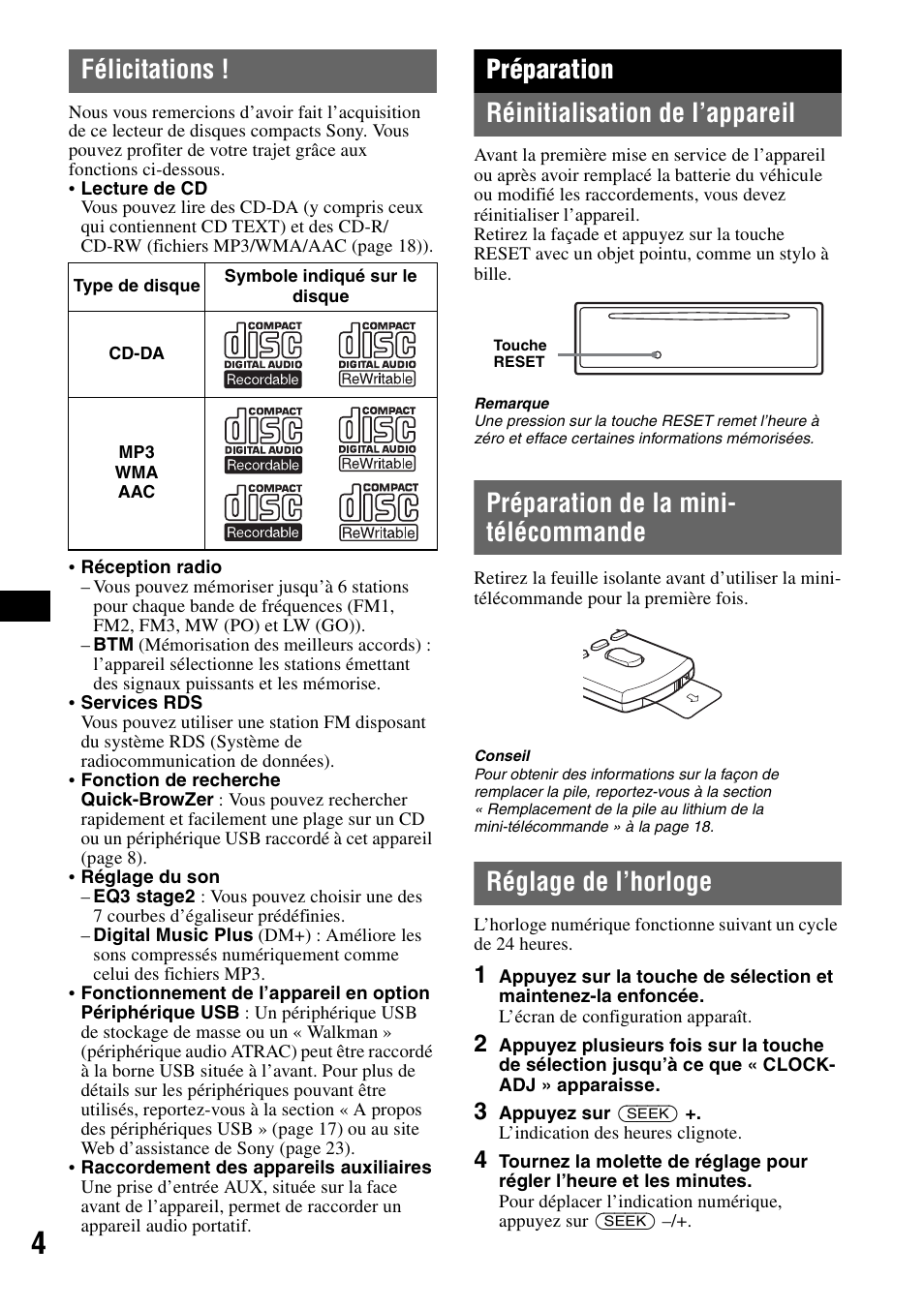 Félicitations, Préparation, Réinitialisation de l’appareil | Préparation de la mini- télécommande, Réglage de l’horloge, Préparation réinitialisation de l’appareil | Sony CDX-GT424U User Manual | Page 46 / 112