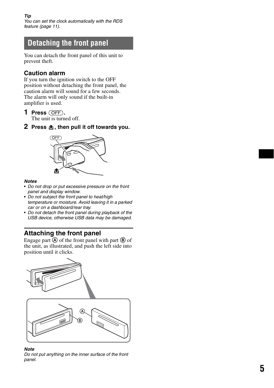 Detaching the front panel, Attaching the front panel | Sony CDX-GT424U User Manual | Page 5 / 112