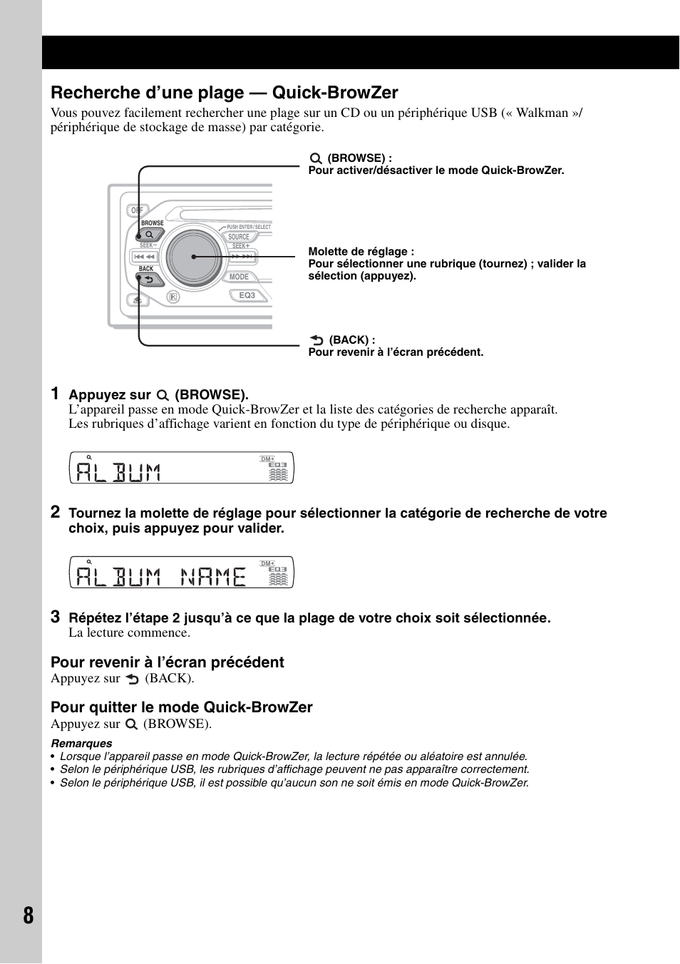 Recherche d’une plage - quick-browzer, Recherche d’une plage — quick-browzer, Pour revenir à l’écran précédent | Pour quitter le mode quick-browzer | Sony CDX-GT424U User Manual | Page 50 / 112