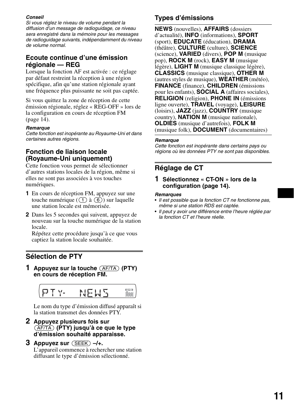Sélection de pty, Réglage de ct, Sélection de pty réglage de ct | Sony CDX-GT424U User Manual | Page 53 / 112