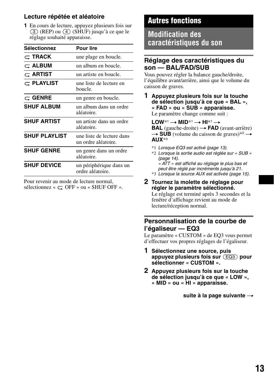 Autres fonctions, Modification des caractéristiques du son, Réglage des caractéristiques du son - bal/fad/sub | Personnalisation de la courbe de l’égaliseur - eq3 | Sony CDX-GT424U User Manual | Page 55 / 112