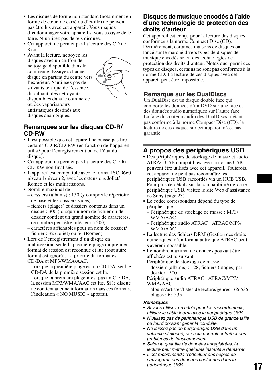 A propos des périphériques usb, Remarques sur les disques cd-r/ cd-rw, Remarque sur les dualdiscs | Sony CDX-GT424U User Manual | Page 59 / 112