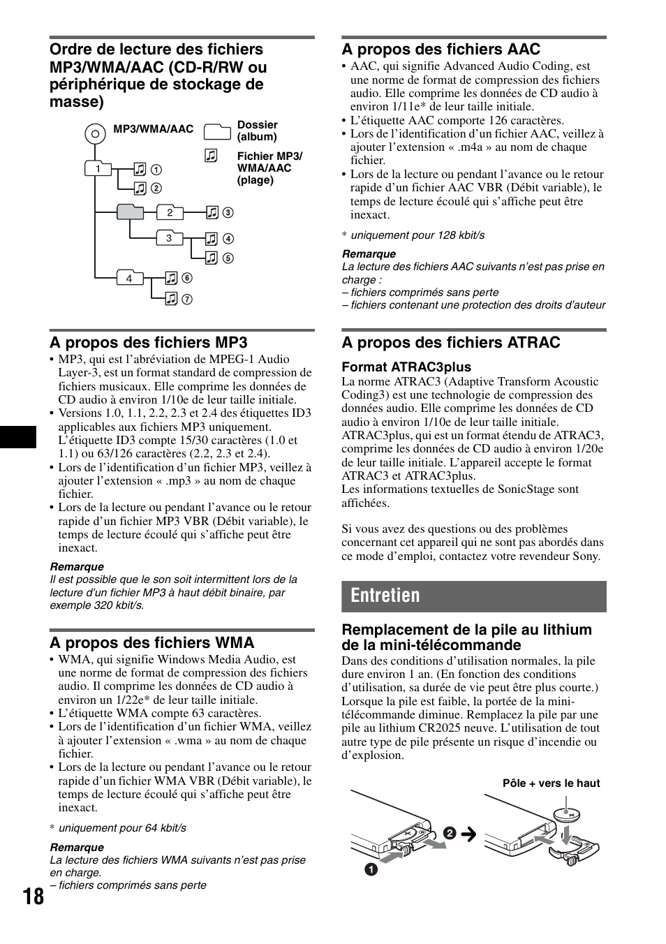 A propos des fichiers mp3, A propos des fichiers wma, A propos des fichiers aac | A propos des fichiers atrac, Entretien | Sony CDX-GT424U User Manual | Page 60 / 112
