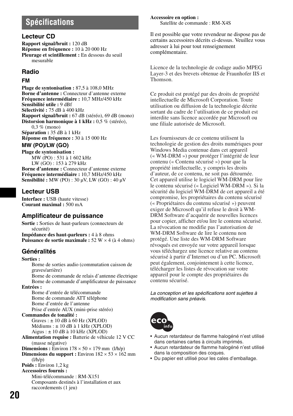 Spécifications | Sony CDX-GT424U User Manual | Page 62 / 112