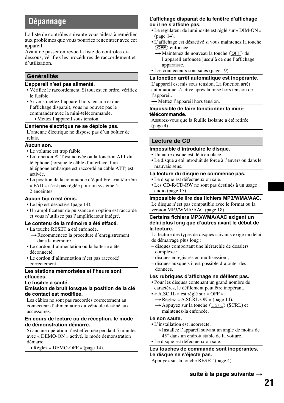 Dépannage | Sony CDX-GT424U User Manual | Page 63 / 112