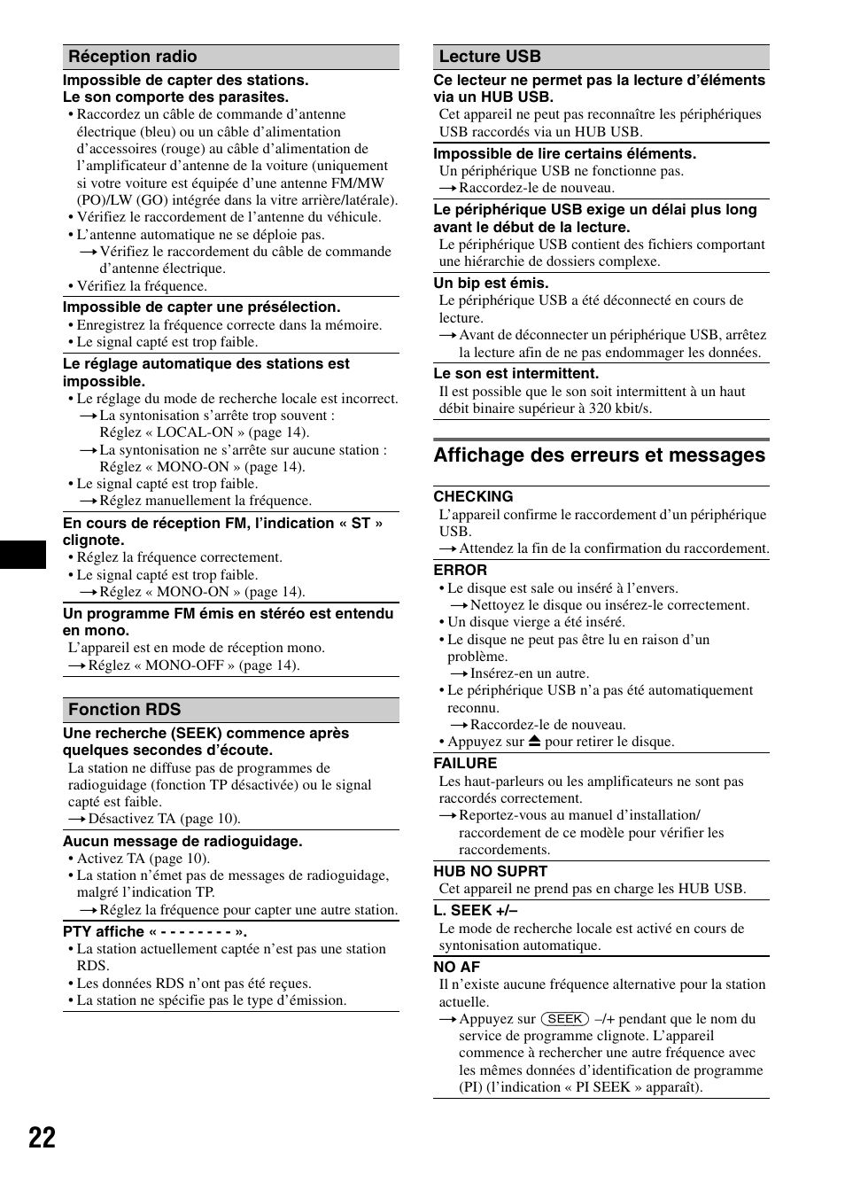 Affichage des erreurs et messages | Sony CDX-GT424U User Manual | Page 64 / 112