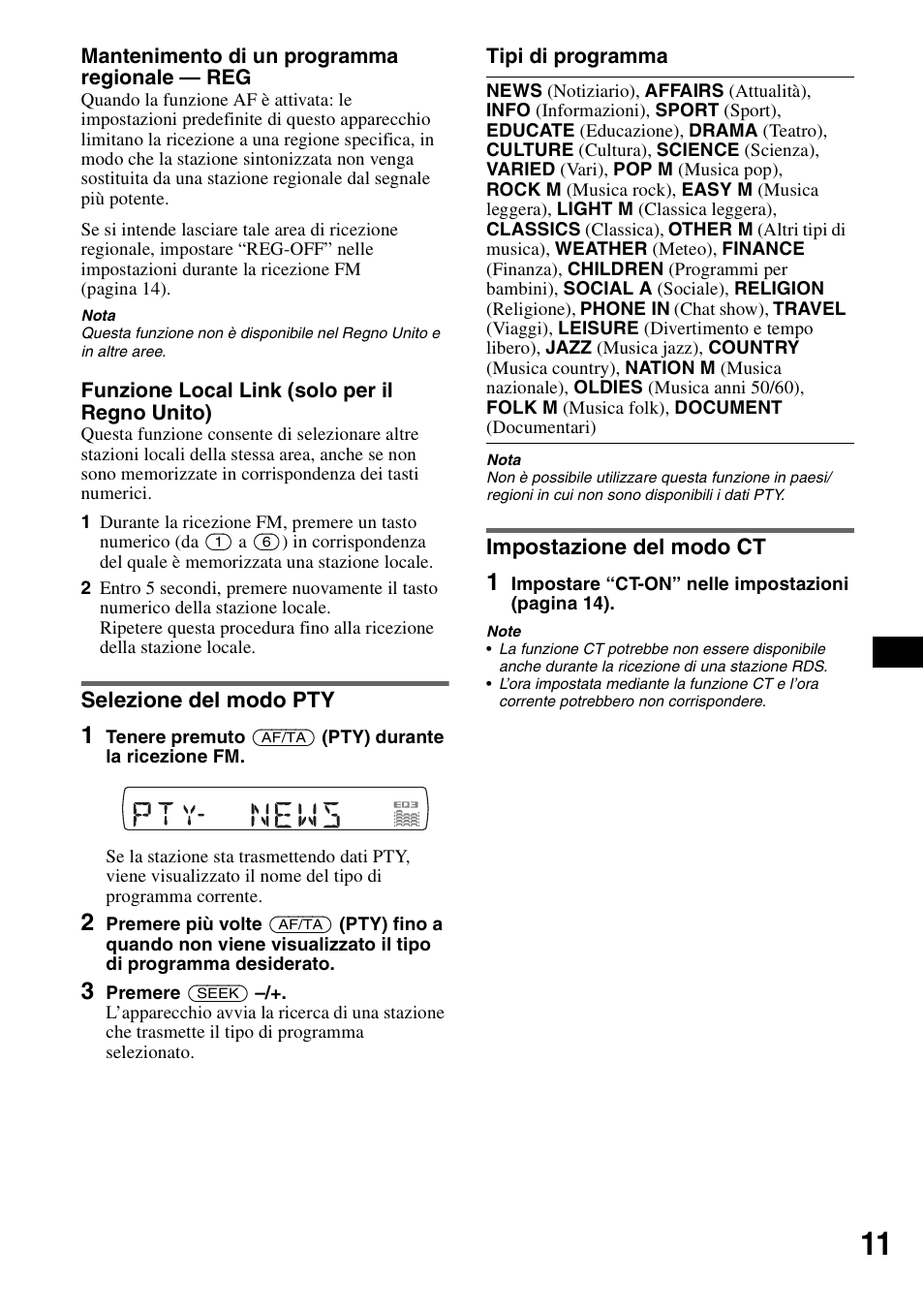 Selezione del modo pty, Impostazione del modo ct, Selezione del modo pty impostazione del modo ct | Sony CDX-GT424U User Manual | Page 75 / 112