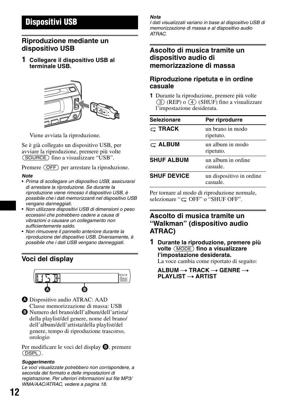 Dispositivi usb, Riproduzione mediante un dispositivo usb, Voci del display | Sony CDX-GT424U User Manual | Page 76 / 112