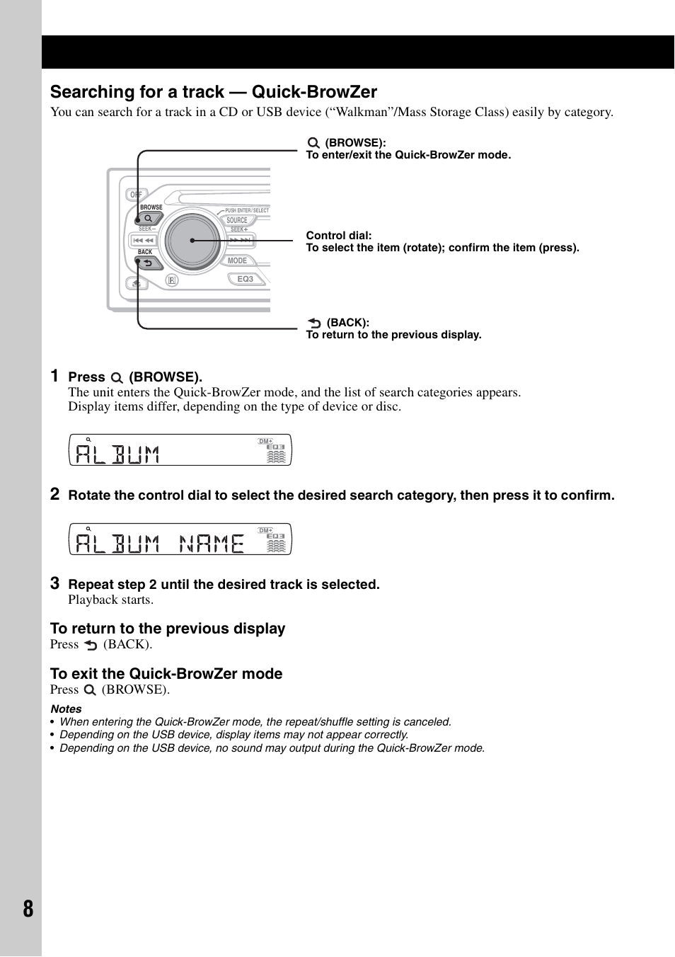 Searching for a track - quick-browzer, Searching for a track — quick-browzer | Sony CDX-GT424U User Manual | Page 8 / 112