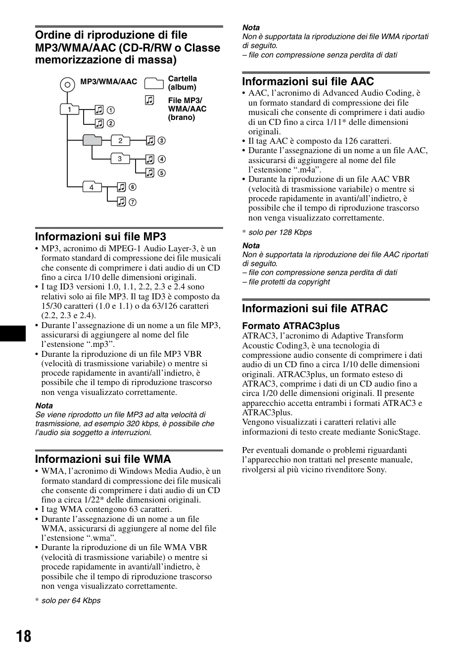 Informazioni sui file mp3, Informazioni sui file wma, Informazioni sui file aac | Informazioni sui file atrac | Sony CDX-GT424U User Manual | Page 82 / 112