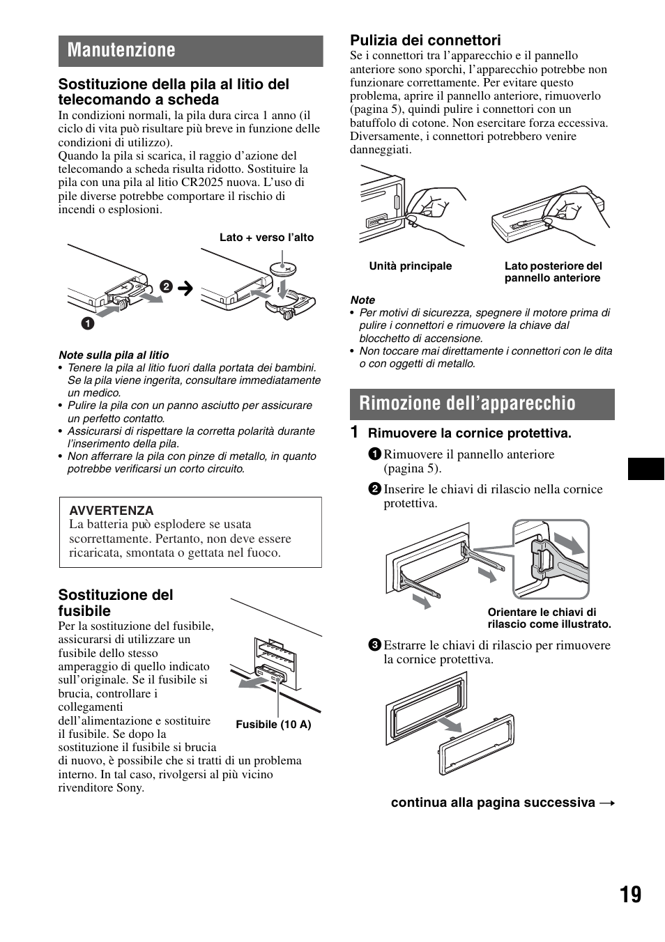 Manutenzione, Rimozione dell’apparecchio, Manutenzione rimozione dell’apparecchio | Sony CDX-GT424U User Manual | Page 83 / 112