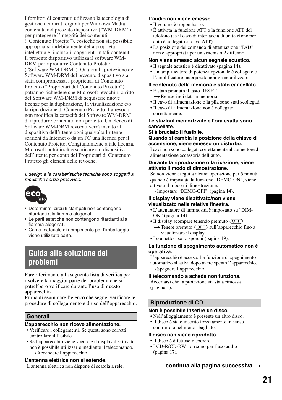 Guida alla soluzione dei problemi | Sony CDX-GT424U User Manual | Page 85 / 112