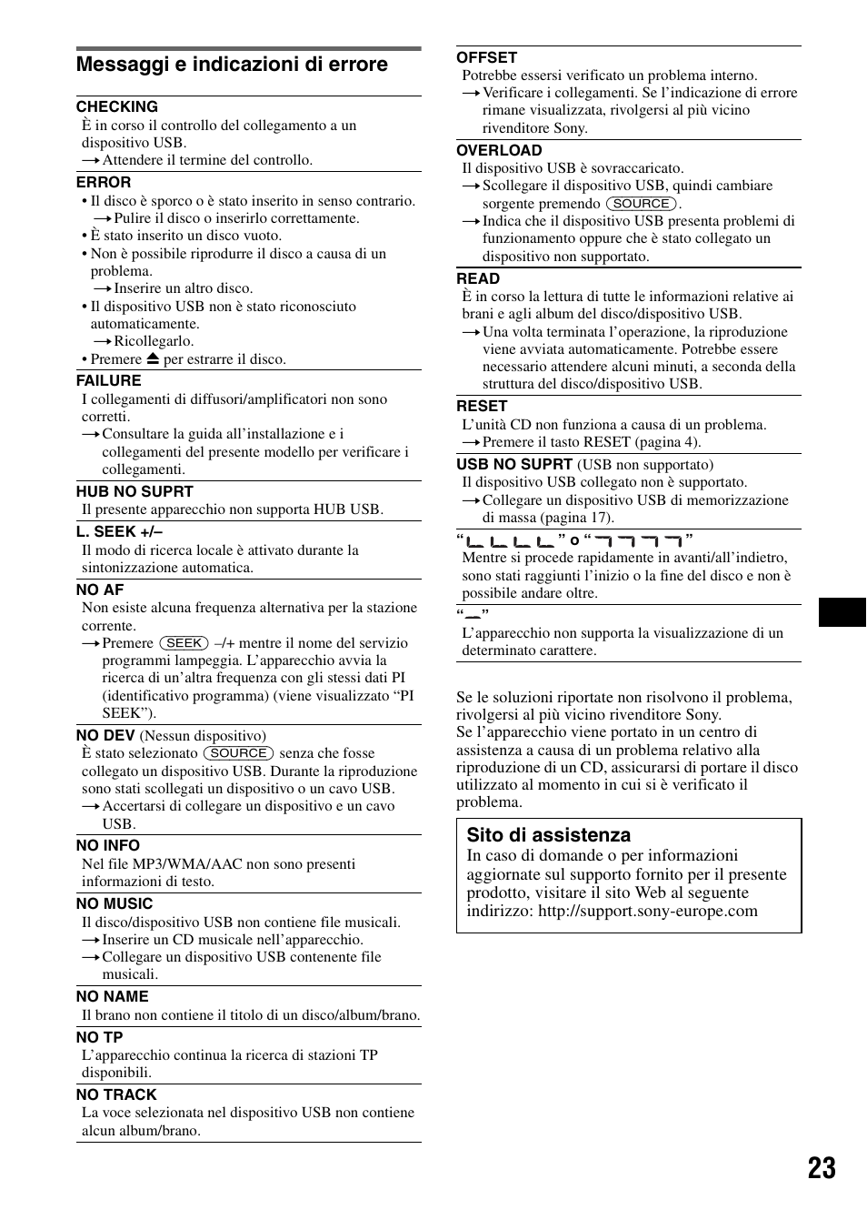 Messaggi e indicazioni di errore, Sito di assistenza | Sony CDX-GT424U User Manual | Page 87 / 112