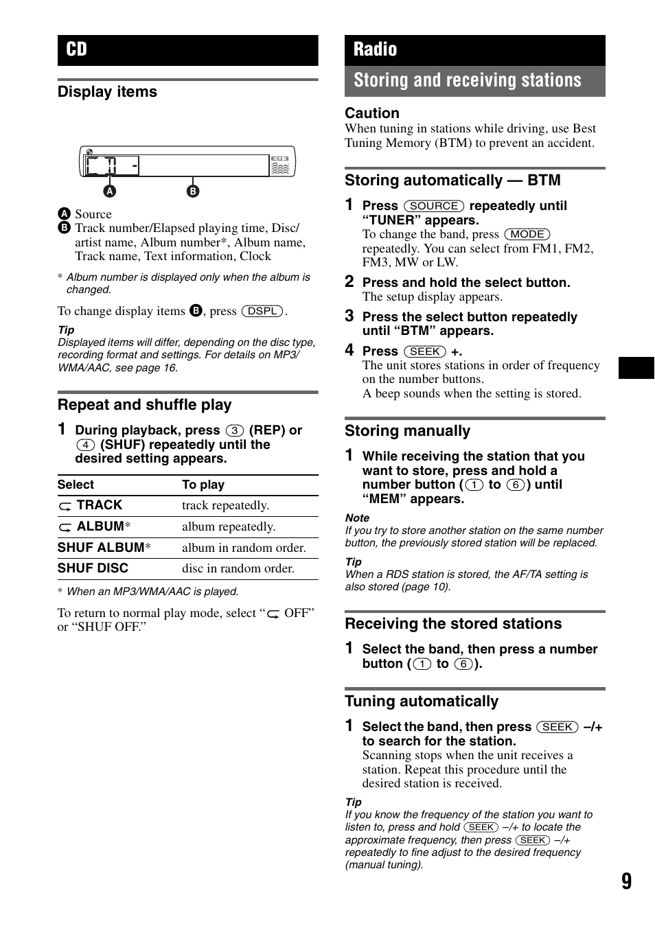Display items, Repeat and shuffle play, Radio | Storing and receiving stations, Storing automatically - btm, Storing manually, Receiving the stored stations, Tuning automatically, Display items repeat and shuffle play, Radio storing and receiving stations | Sony CDX-GT424U User Manual | Page 9 / 112