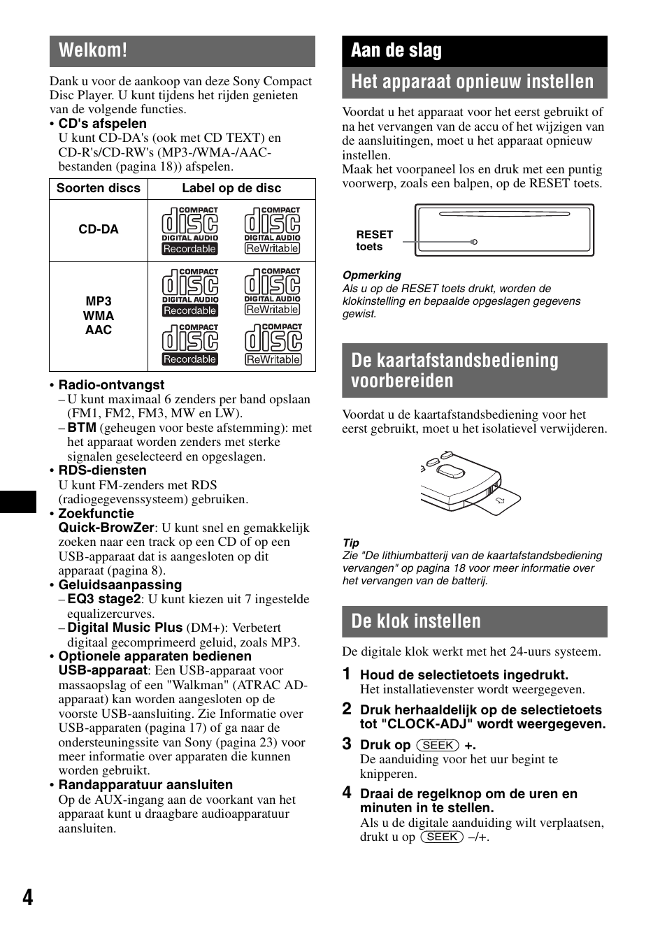 Welkom, Aan de slag, Het apparaat opnieuw instellen | De kaartafstandsbediening voorbereiden, De klok instellen, Aan de slag het apparaat opnieuw instellen | Sony CDX-GT424U User Manual | Page 90 / 112