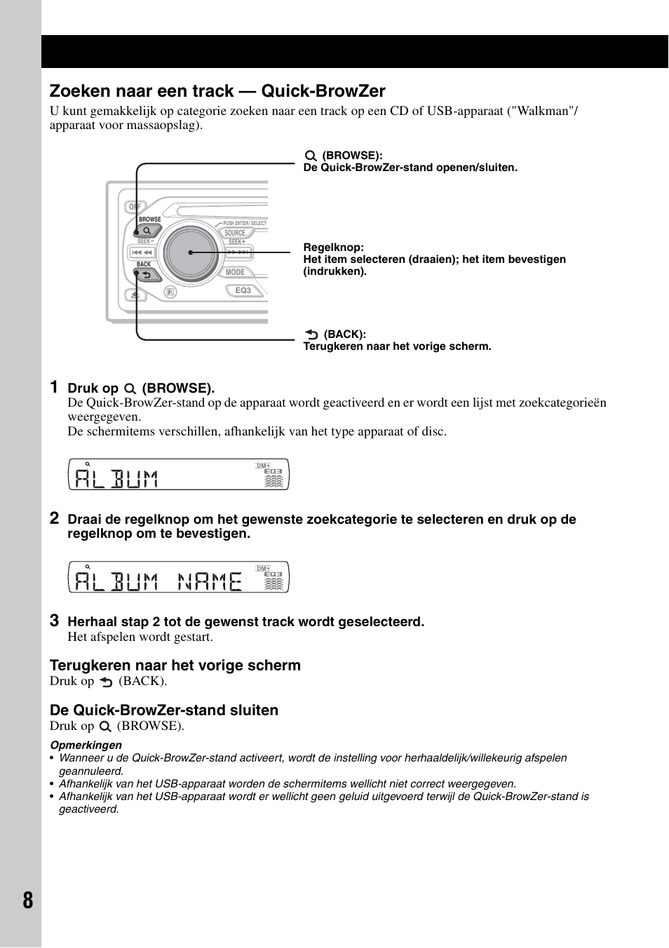 Zoeken naar een track - quick-browzer, Zoeken naar een track — quick-browzer, Terugkeren naar het vorige scherm | De quick-browzer-stand sluiten | Sony CDX-GT424U User Manual | Page 94 / 112