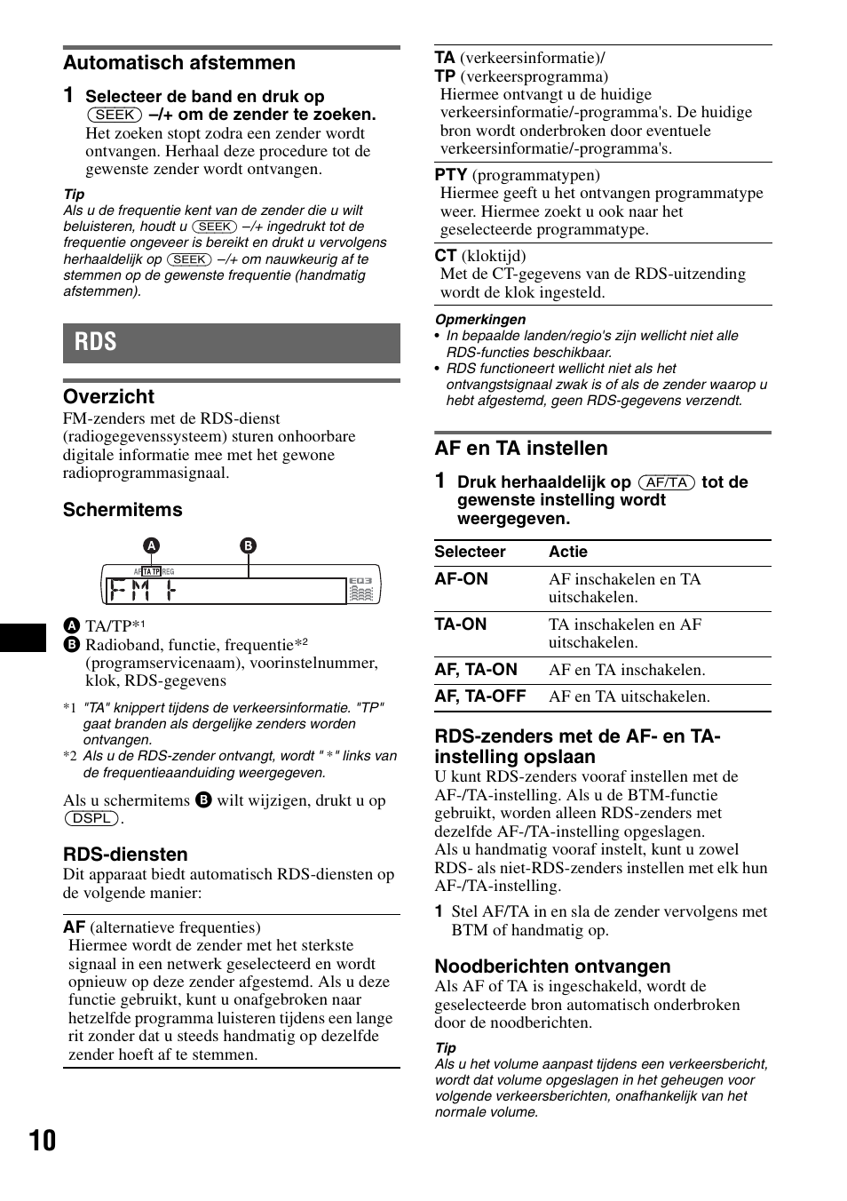 Automatisch afstemmen, Overzicht, Af en ta instellen | Overzicht af en ta instellen | Sony CDX-GT424U User Manual | Page 96 / 112