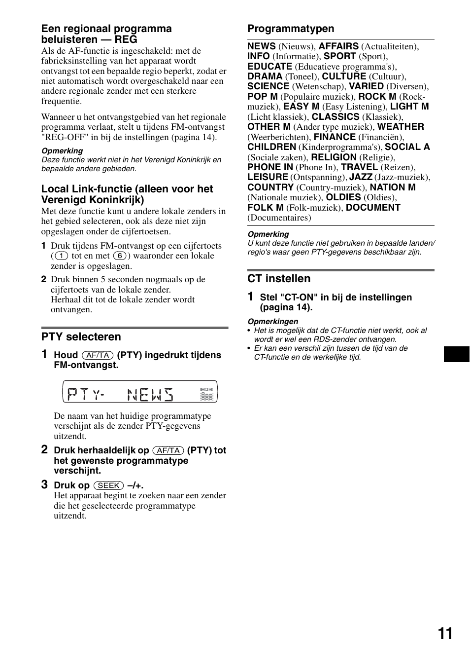 Pty selecteren, Ct instellen, Pty selecteren ct instellen | Sony CDX-GT424U User Manual | Page 97 / 112