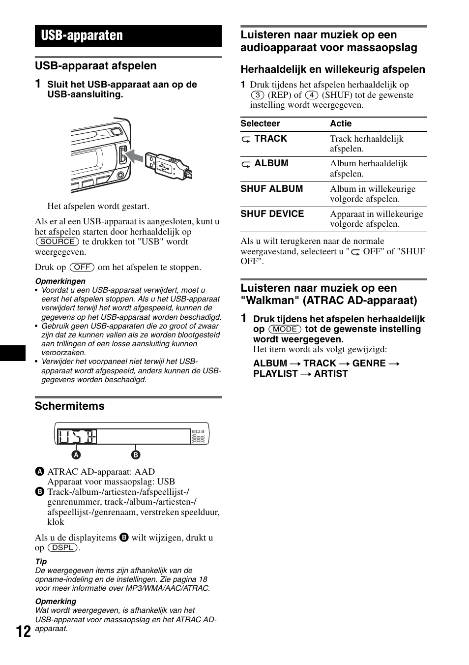 Usb-apparaten, Usb-apparaat afspelen, Schermitems | Sony CDX-GT424U User Manual | Page 98 / 112