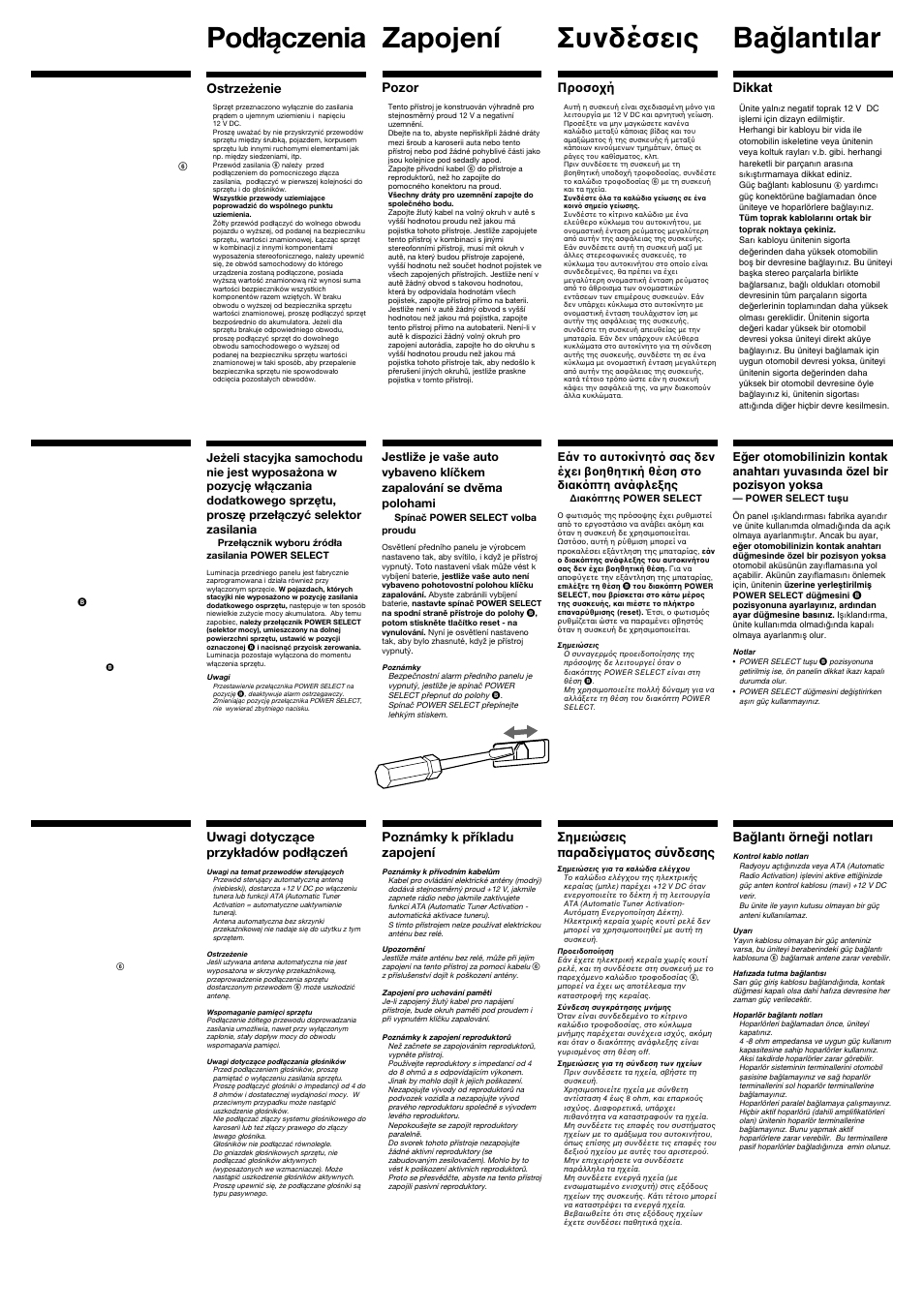 Connections, Podłączenia, Zapojení | Συνδέσεις, Bağlantılar, Cautions, Ostrzeżenie, Pozor, Πρ σ ή, Uwagi dotyczące przykładów podłączeń | Sony XR-C4120 User Manual | Page 3 / 4