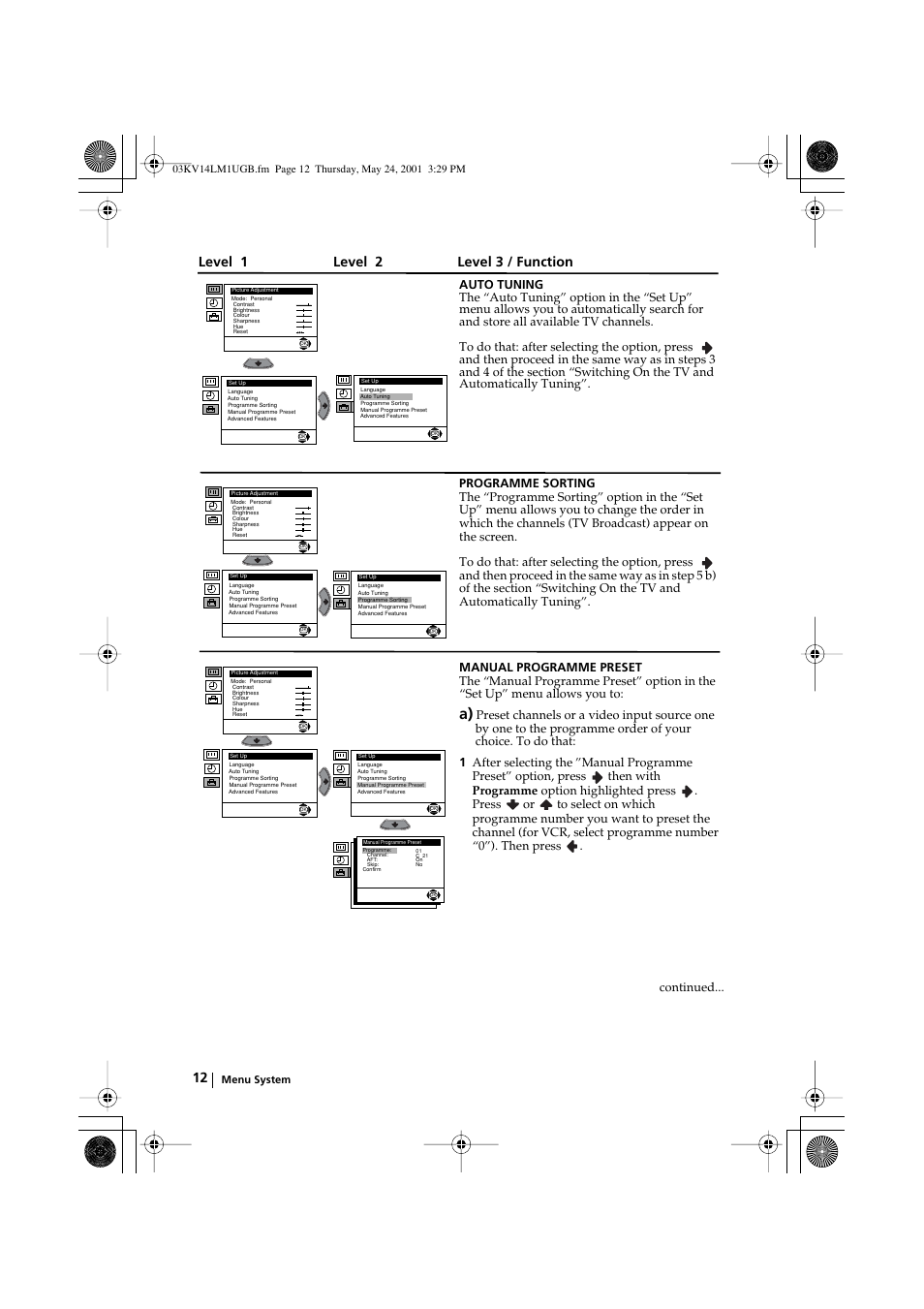 Level 1 level 2 level 3 / function | Sony KV-14LM1U User Manual | Page 12 / 20