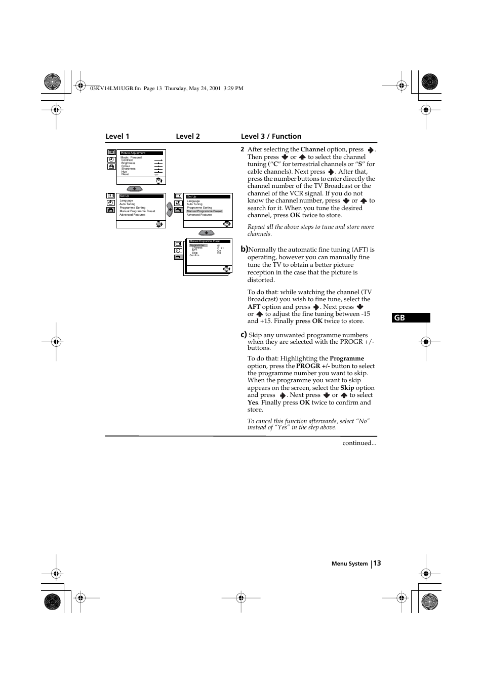 Level 1 level 2 level 3 / function | Sony KV-14LM1U User Manual | Page 13 / 20