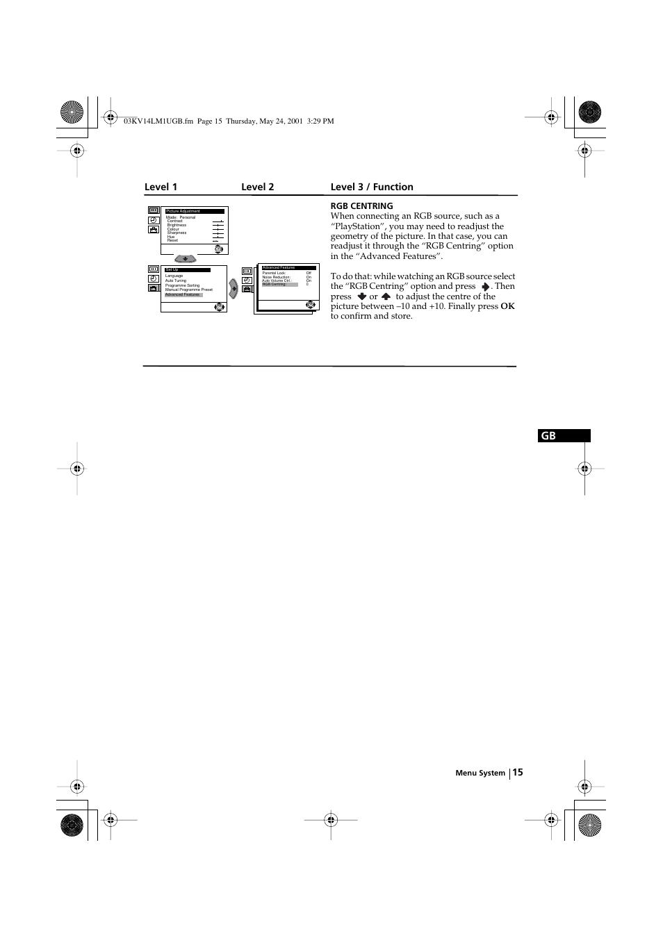 Level 1 level 2 level 3 / function | Sony KV-14LM1U User Manual | Page 15 / 20