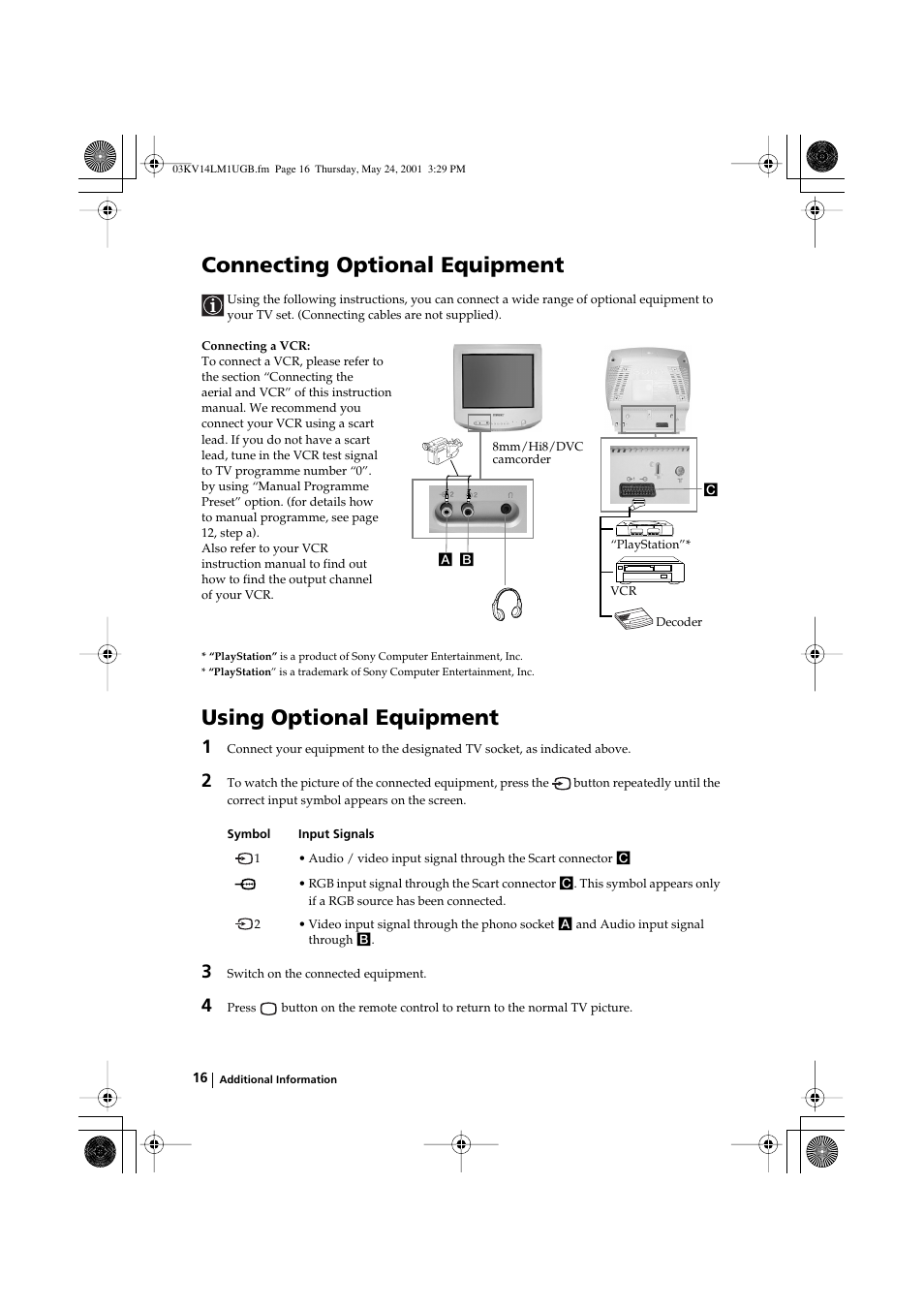 Connecting optional equipment, Using optional equipment | Sony KV-14LM1U User Manual | Page 16 / 20