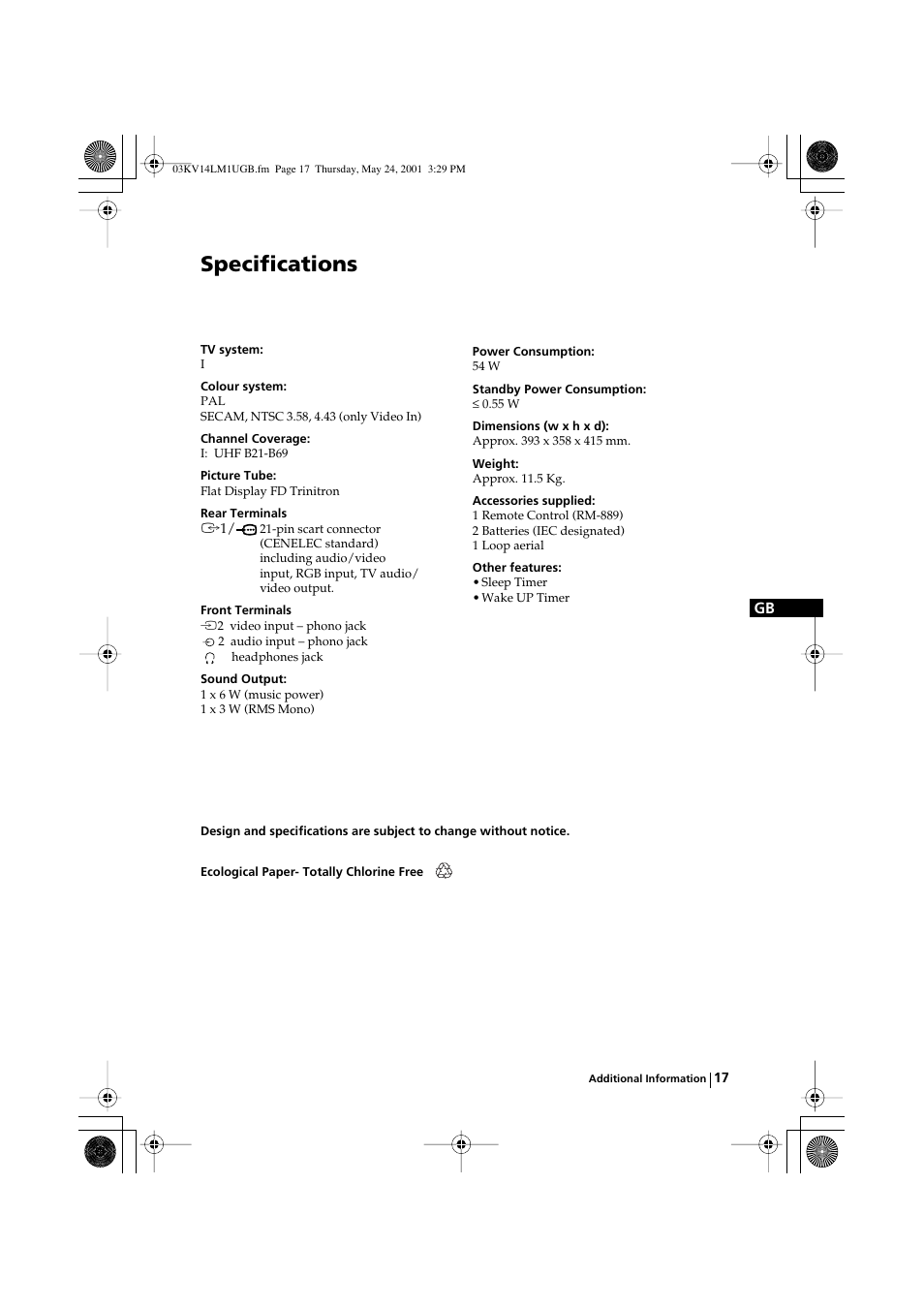 Specifications | Sony KV-14LM1U User Manual | Page 17 / 20