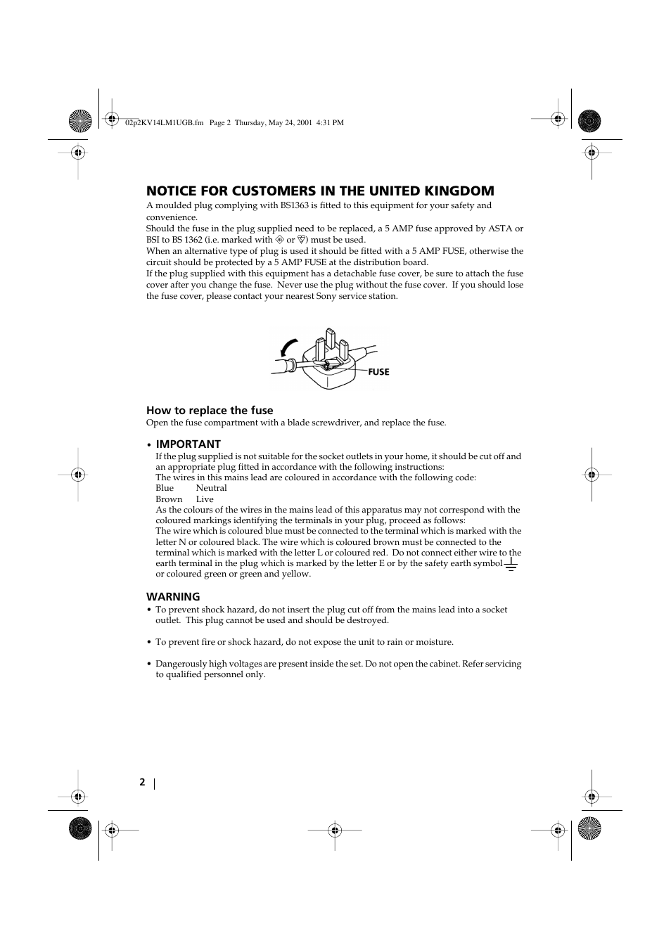 Notice for customers in the united kingdom | Sony KV-14LM1U User Manual | Page 2 / 20