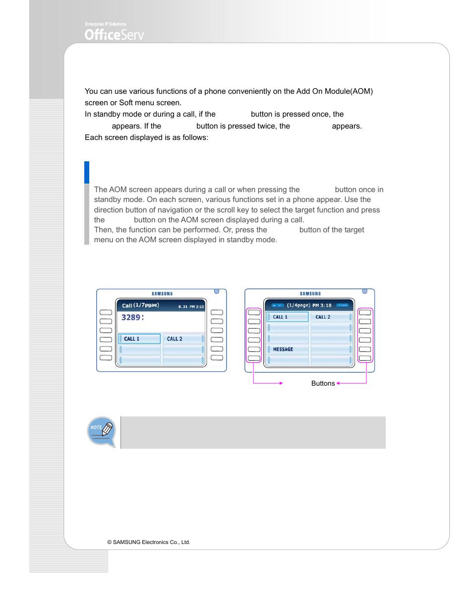 Using aom/soft menu screen, Aom screen | Samsung ITP-5112L User Manual | Page 18 / 44