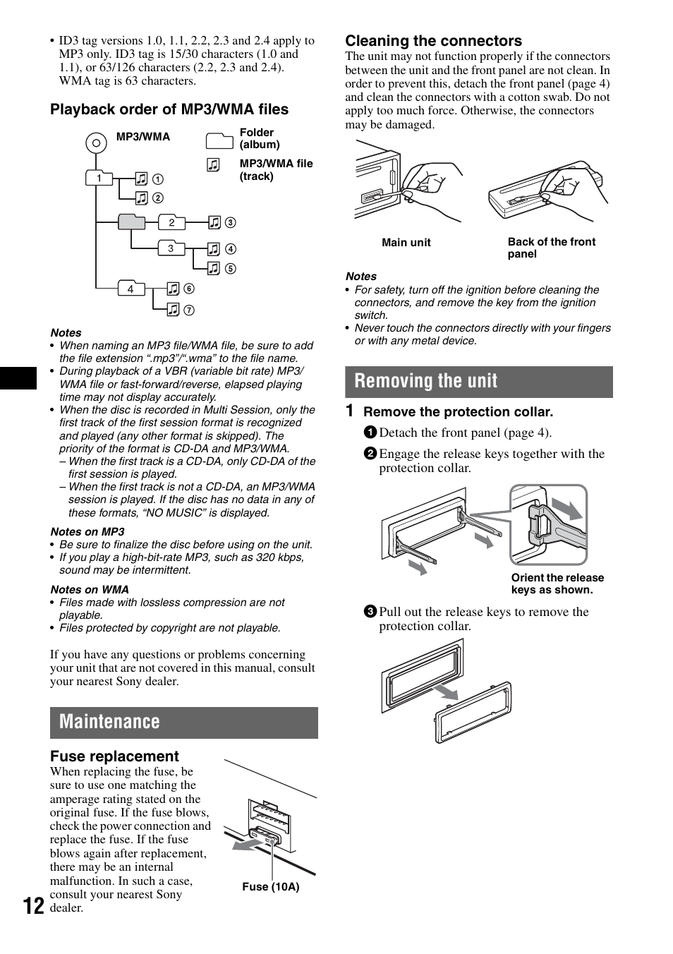 Maintenance, Removing the unit, Maintenance removing the unit | Playback order of mp3/wma files, Fuse replacement, Cleaning the connectors | Sony CDX-GT20 User Manual | Page 12 / 80