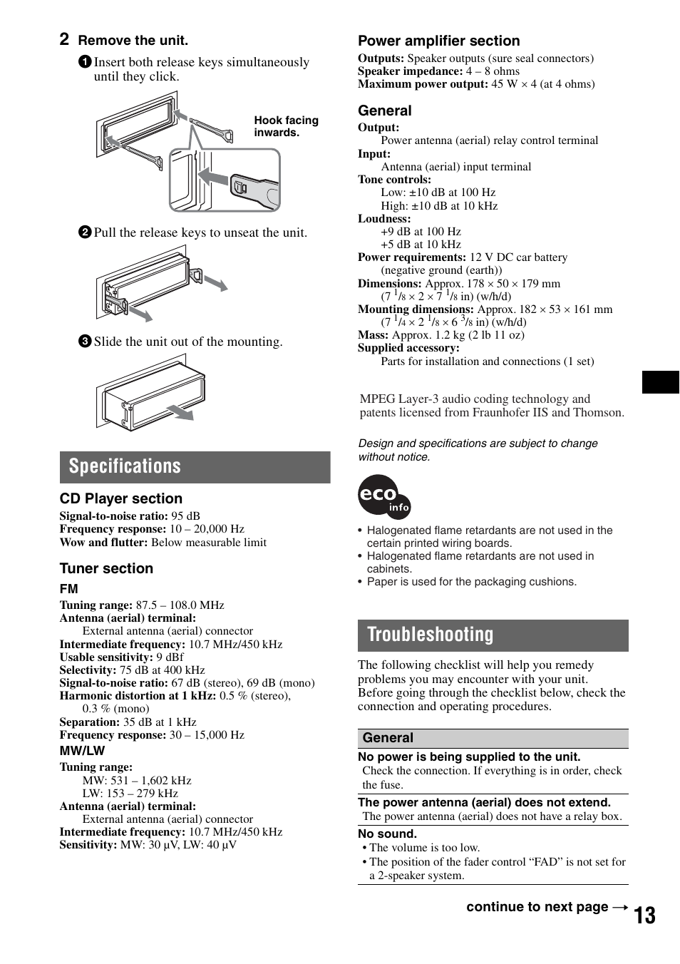 Specifications, Troubleshooting, Specifications troubleshooting | Sony CDX-GT20 User Manual | Page 13 / 80