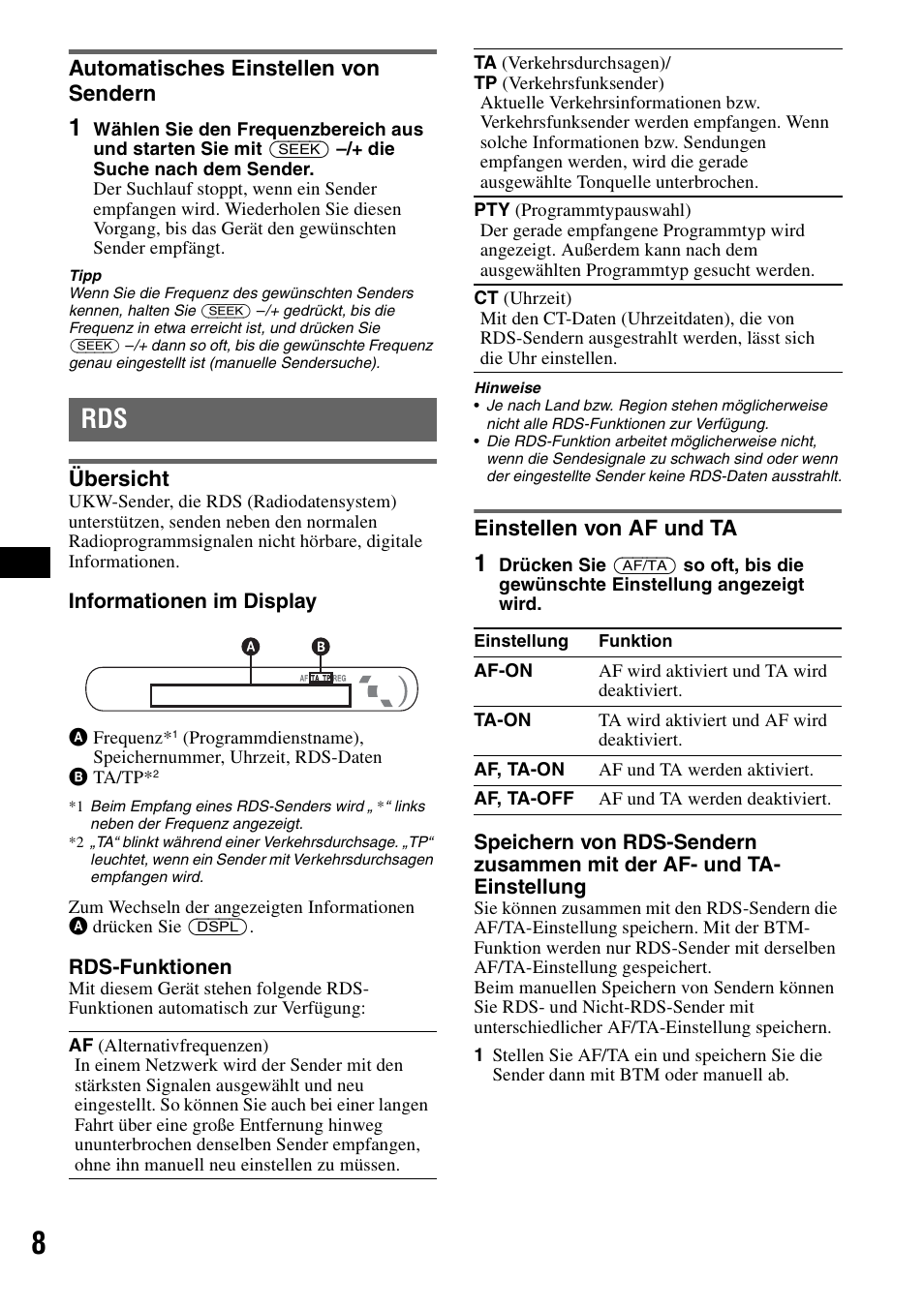 Automatisches einstellen von sendern, Übersicht, Einstellen von af und ta | Übersicht einstellen von af und ta | Sony CDX-GT20 User Manual | Page 22 / 80