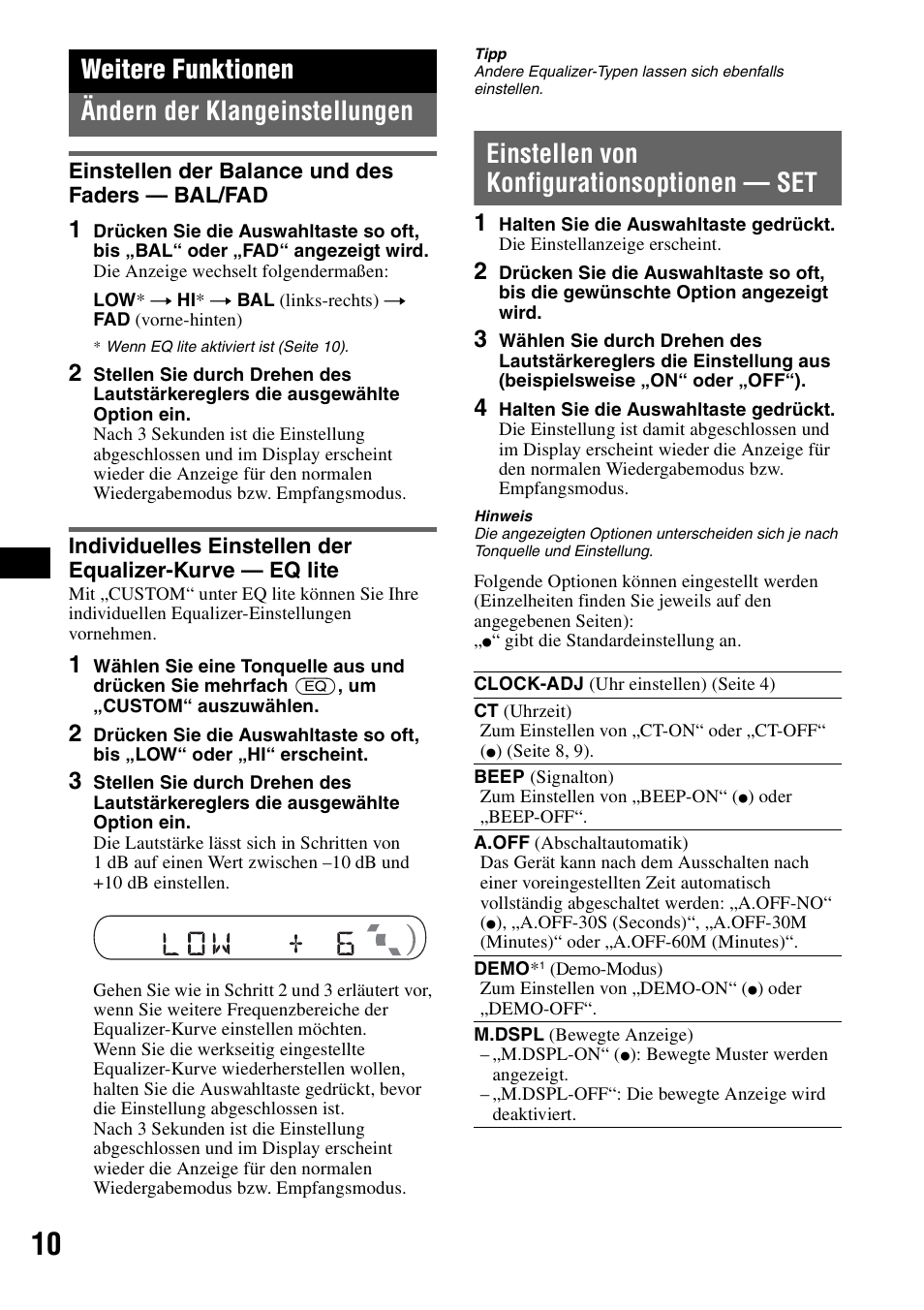 Weitere funktionen, Ändern der klangeinstellungen, Einstellen der balance und des faders - bal/fad | Einstellen von konfigurationsoptionen - set, F seite 10, Einstellen der balance und des faders, Einstellen von konfigurationsoptionen, Weitere funktionen ändern der klangeinstellungen, Einstellen von konfigurationsoptionen — set | Sony CDX-GT20 User Manual | Page 24 / 80