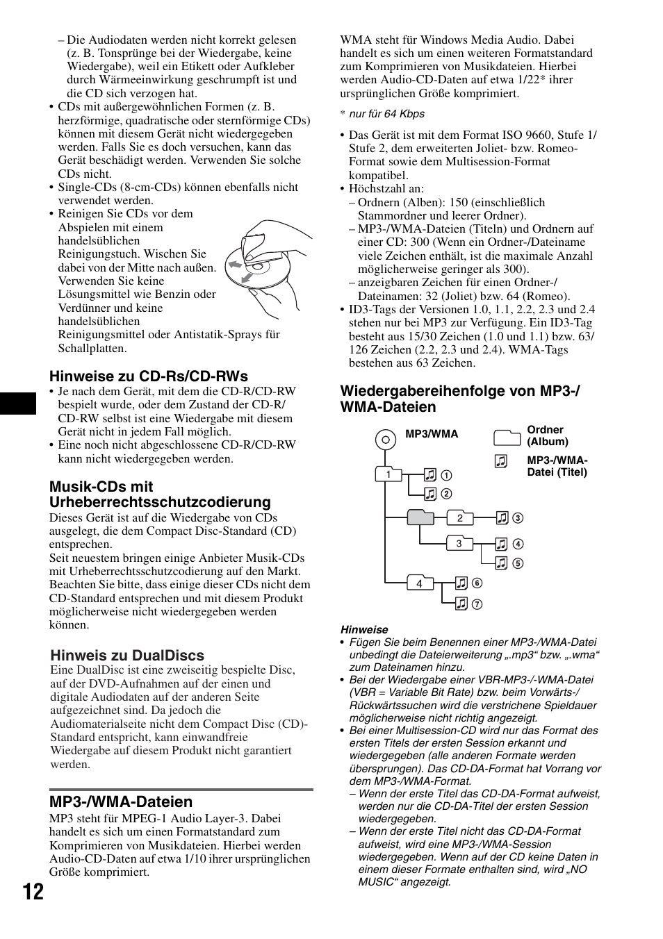 Mp3-/wma-dateien, Hinweise zu cd-rs/cd-rws, Musik-cds mit urheberrechtsschutzcodierung | Wiedergabereihenfolge von mp3-/ wma-dateien, Hinweis zu dualdiscs | Sony CDX-GT20 User Manual | Page 26 / 80